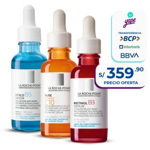 Trío Antiedad La Roche-Posay: Hyalu B5 Serum, Pure Vitamin C10 y Retinol B3 Serum para hidratar, iluminar y reducir los signos del envejecimiento.