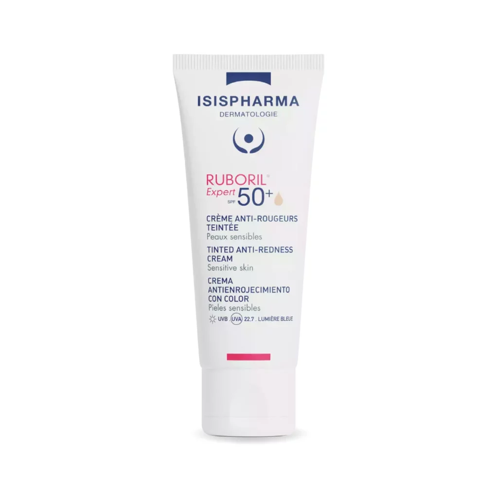 Ruboril expert SPF 50+, crema con color, le ayuda a tu piel a combatir los enrojecimientos mientras la protege de los rayos solares.