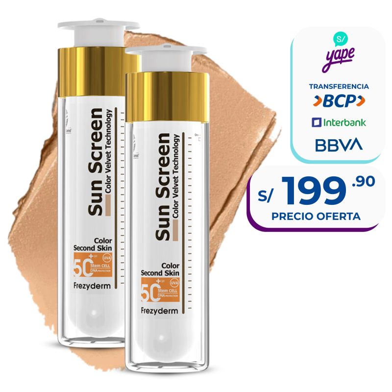 DÚO SUN SCREEN COLOR VELVET FACE CREAM SPF 50+ con protección solar y acabado aterciopelado.