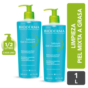 Dúo Sébium Gel Moussant 500 ml Bioderma: Set 1 litro limpiador facial purificante Bioderma Sébium